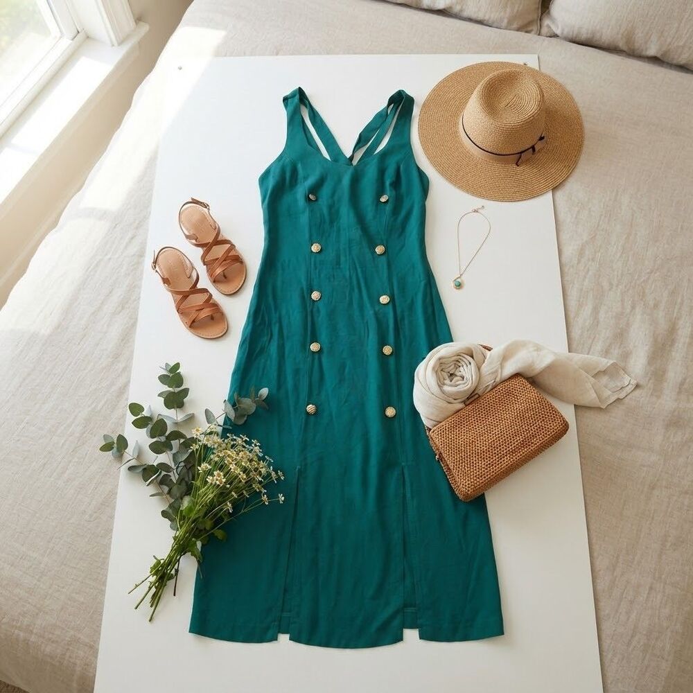 VTG 90s Blondie and Me Green Dress Sz 11 Long Double Breasted Slit Cross Back